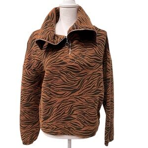 Monrow Zebra‎ Animal Print 1/2 Zip Sherpa Pullover Carmel Brown Size Large NWT